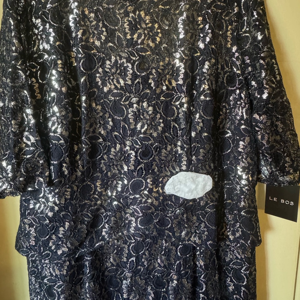 Le Bos Navy Silver Metallic Lace Peplum Long Gown 3/4 Sleeve NWT